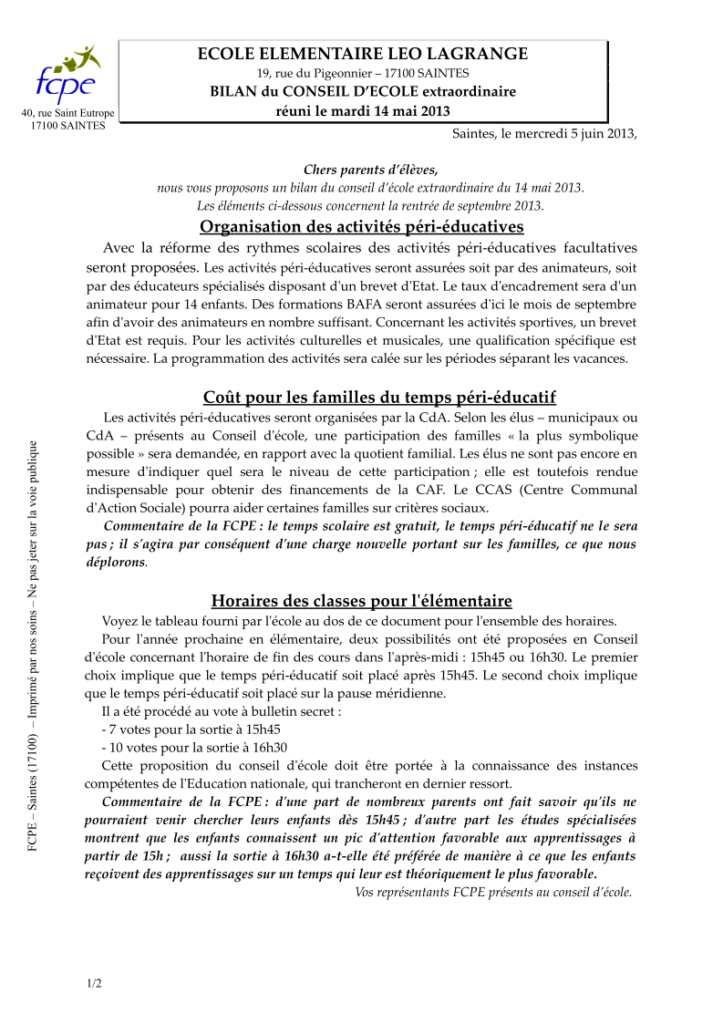 FCPE - ÉCOLE ÉLÉMENTAIRE LÉO LAGRANGE - 17100 SAINTES - BILAN du CONSEIL D’ÉCOLE extraordinaire réuni le mardi 14 mai 2013 - page 1